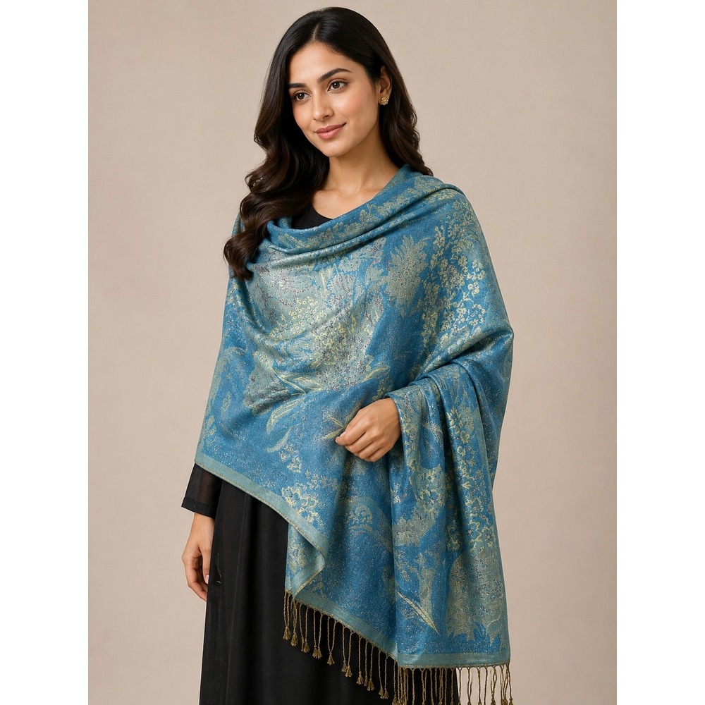 Teal Blue Jamawar Pashmina Shawl w/ Sparkly Glitter Thread Floral Reversible